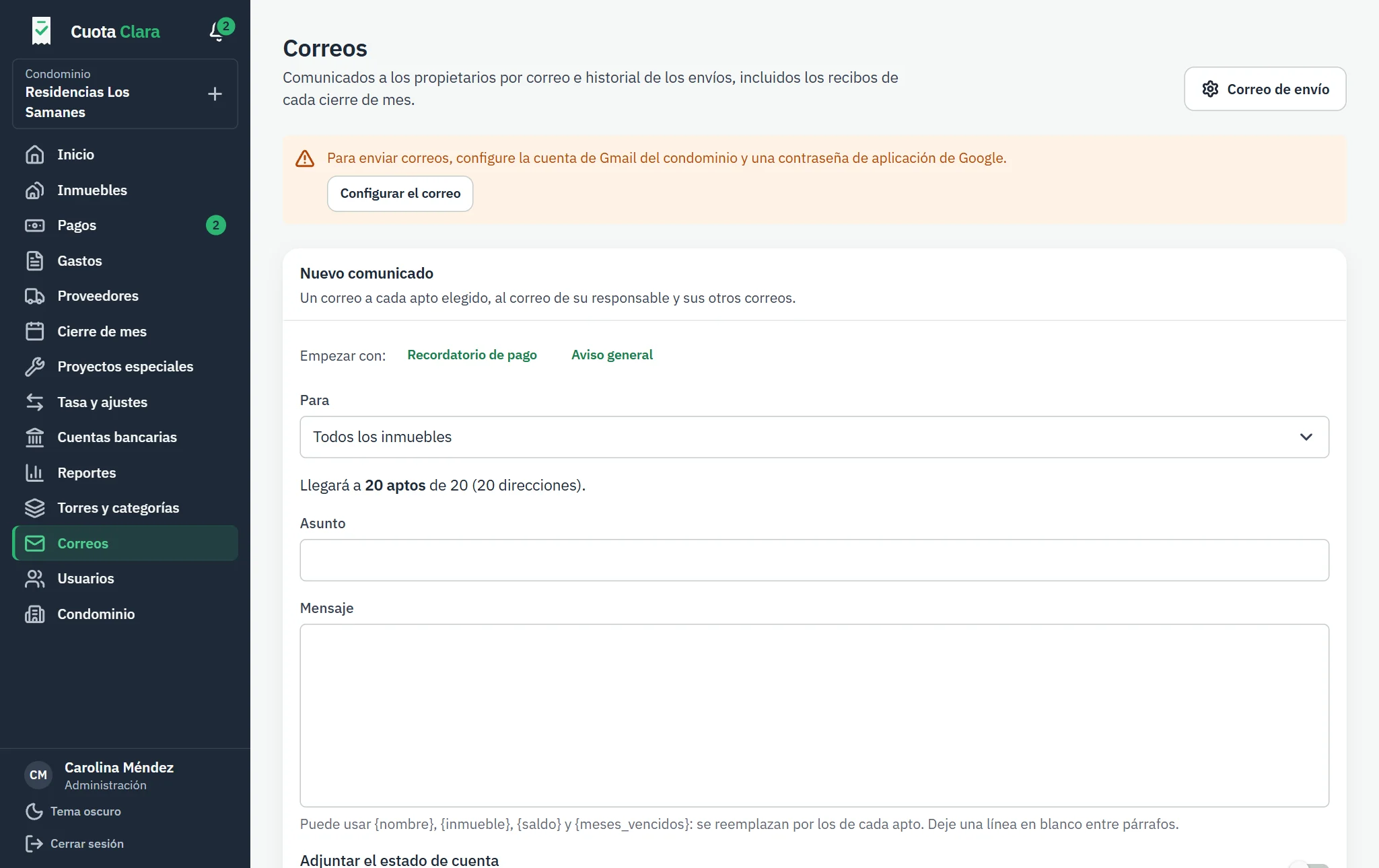 Correos: configuración y nuevo comunicado