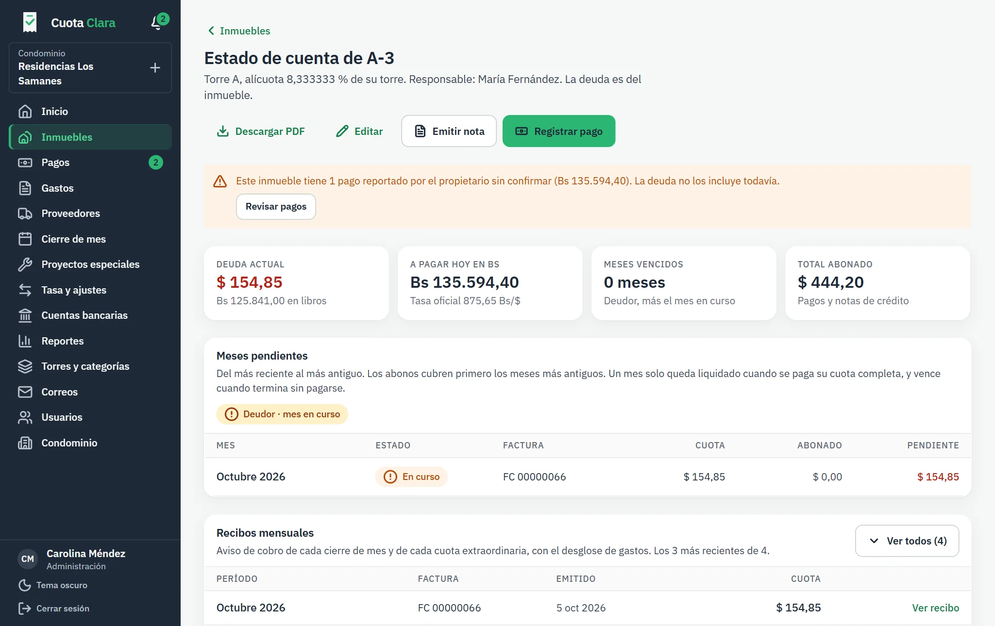 El estado de cuenta, con sus acciones