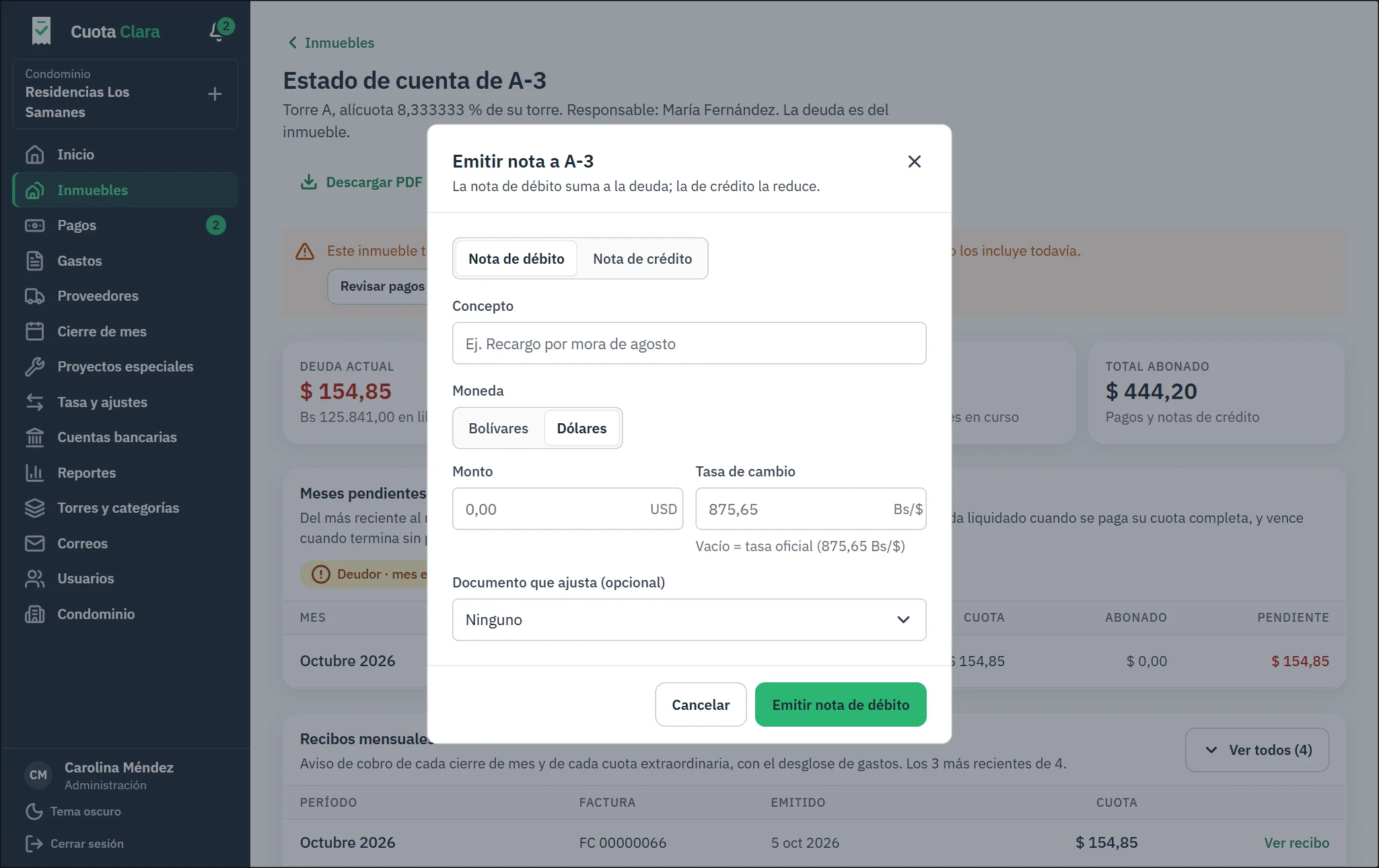 Emitir una nota de débito o de crédito