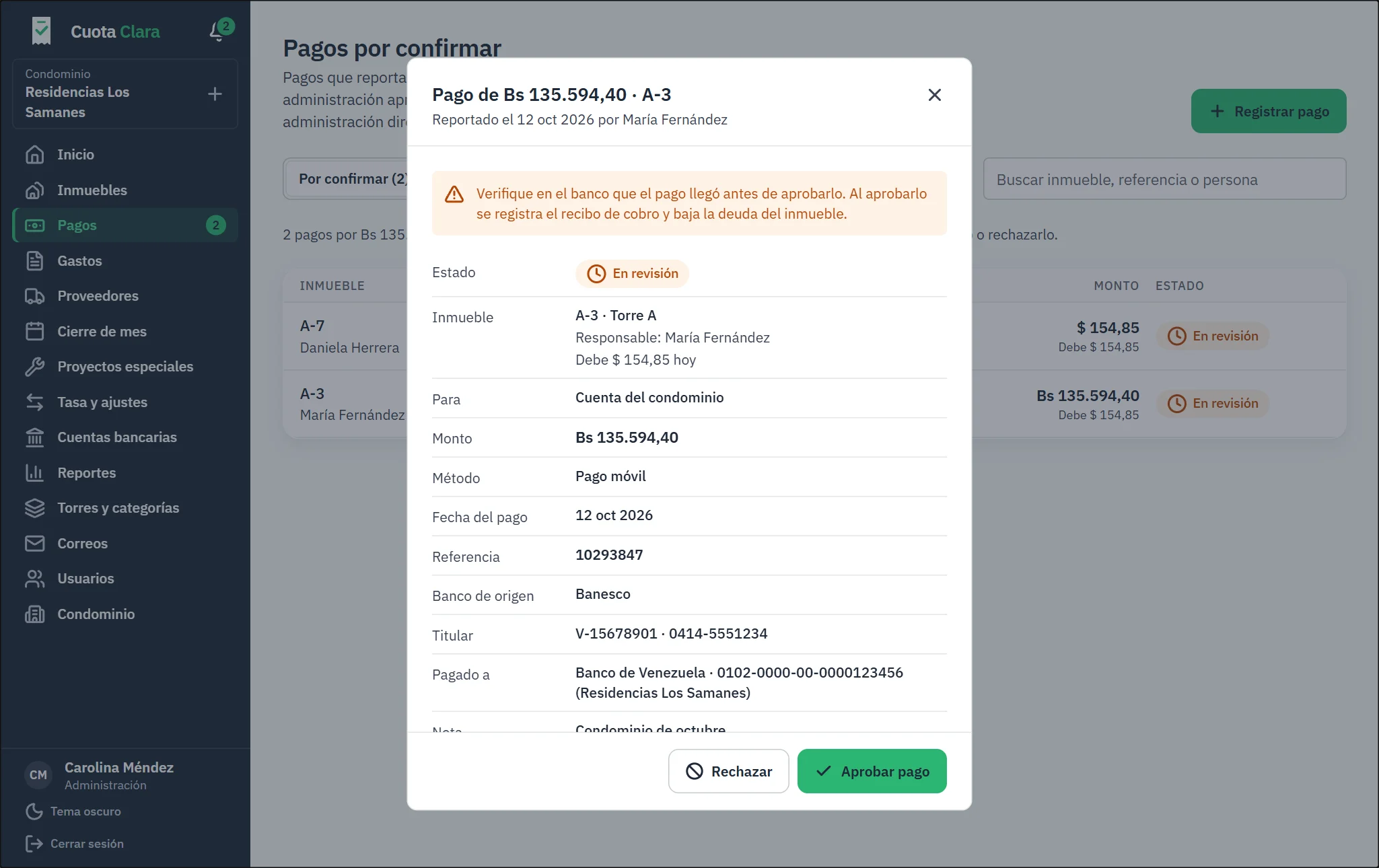 El detalle de un pago reportado