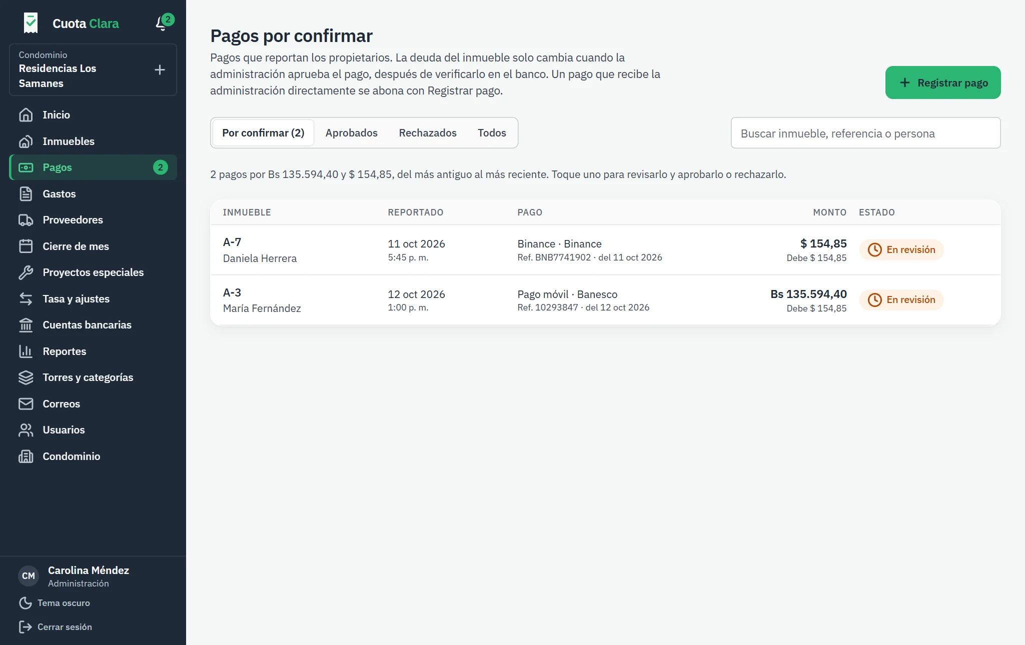 La bandeja de pagos por confirmar