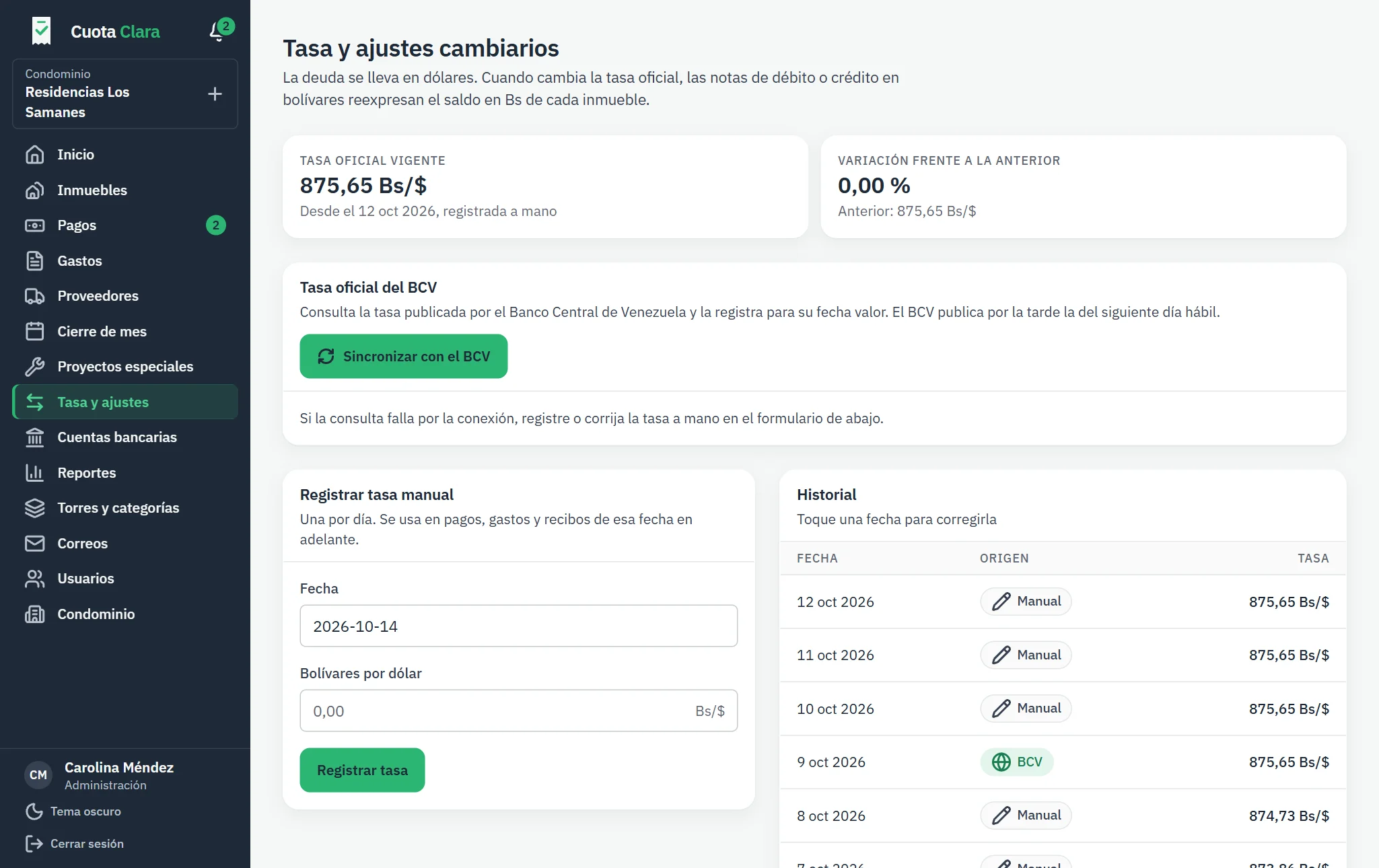Tasa vigente, sincronización con el BCV e historial