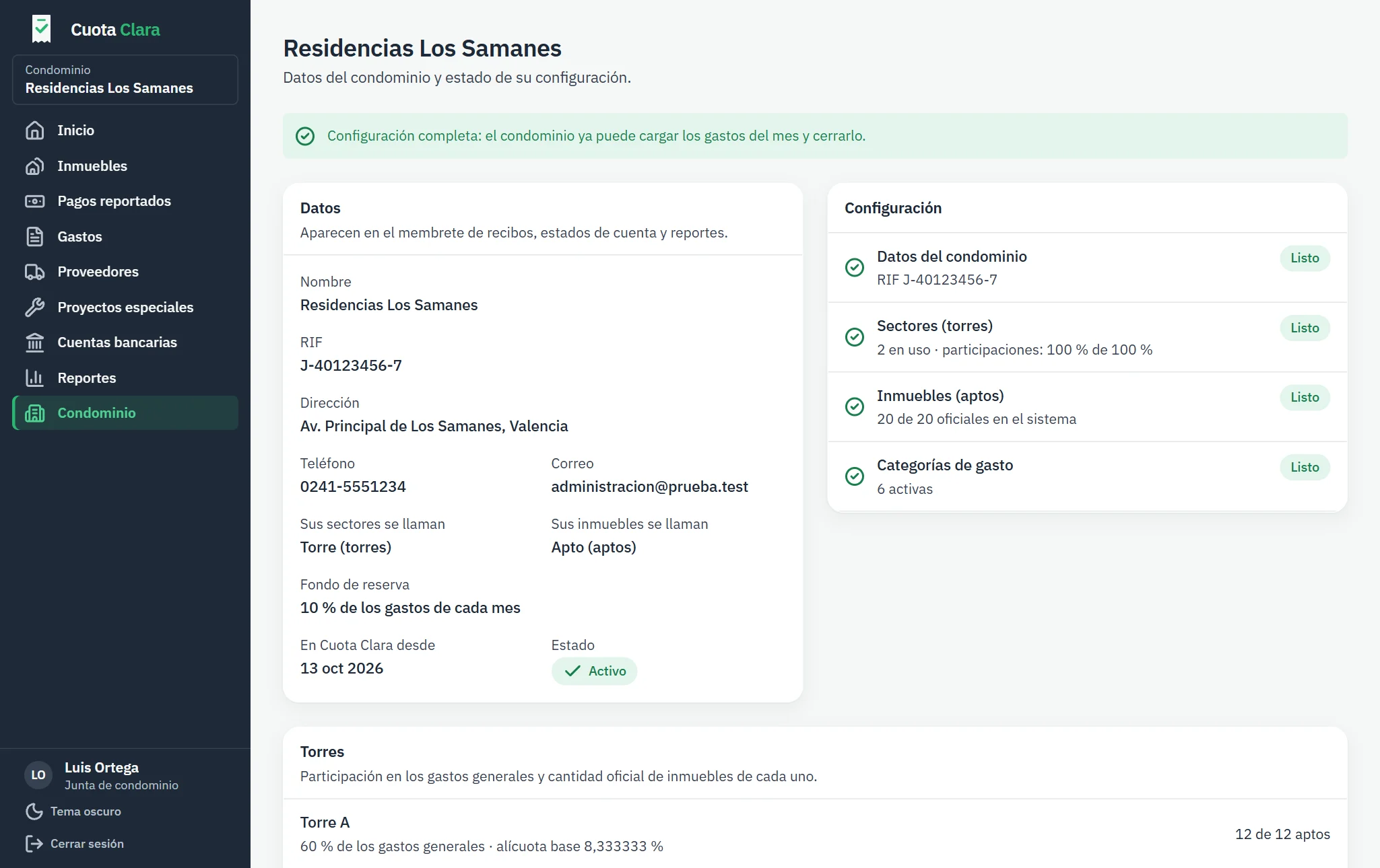 Datos, configuración y torres