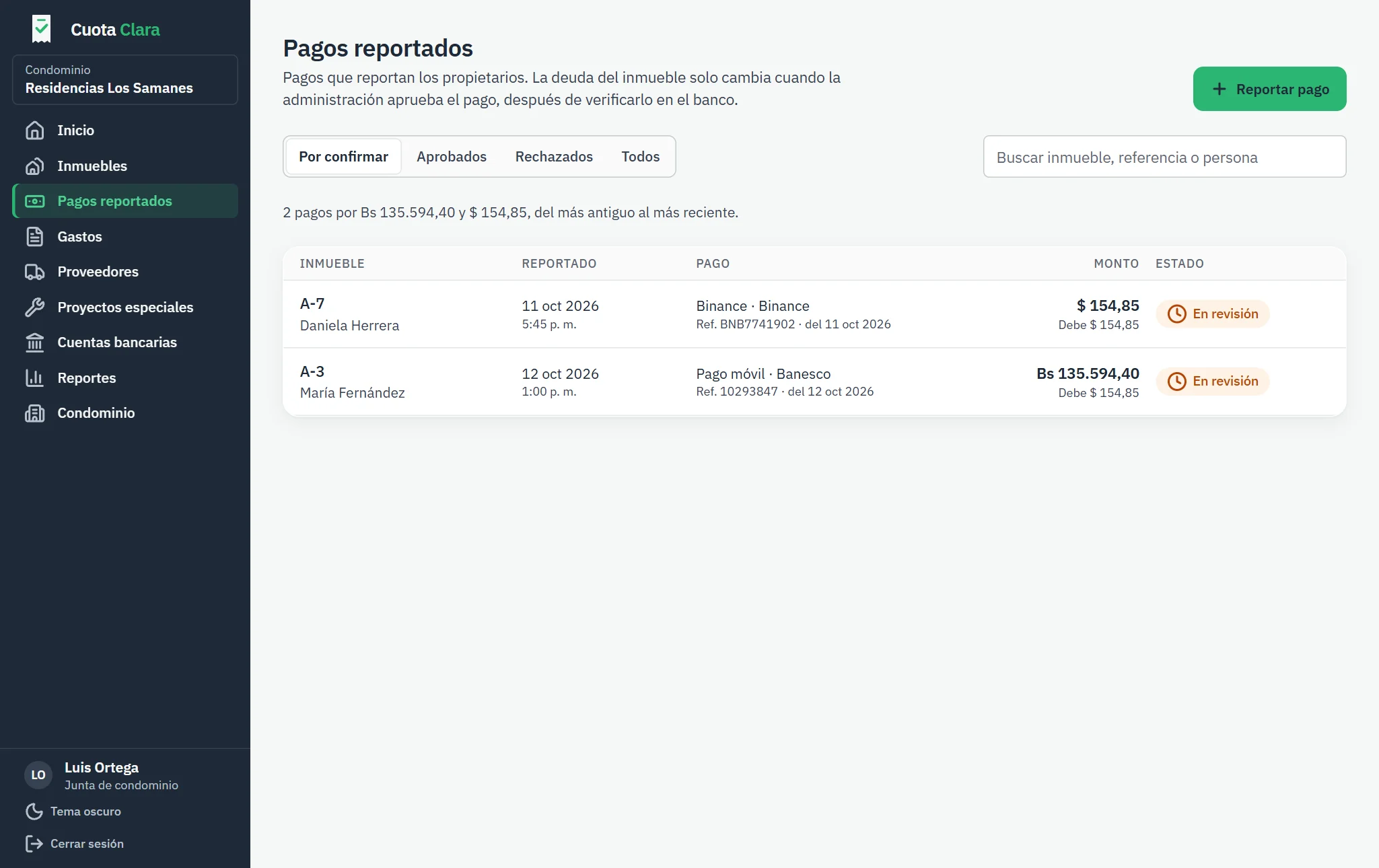 Pagos reportados esperando aprobación