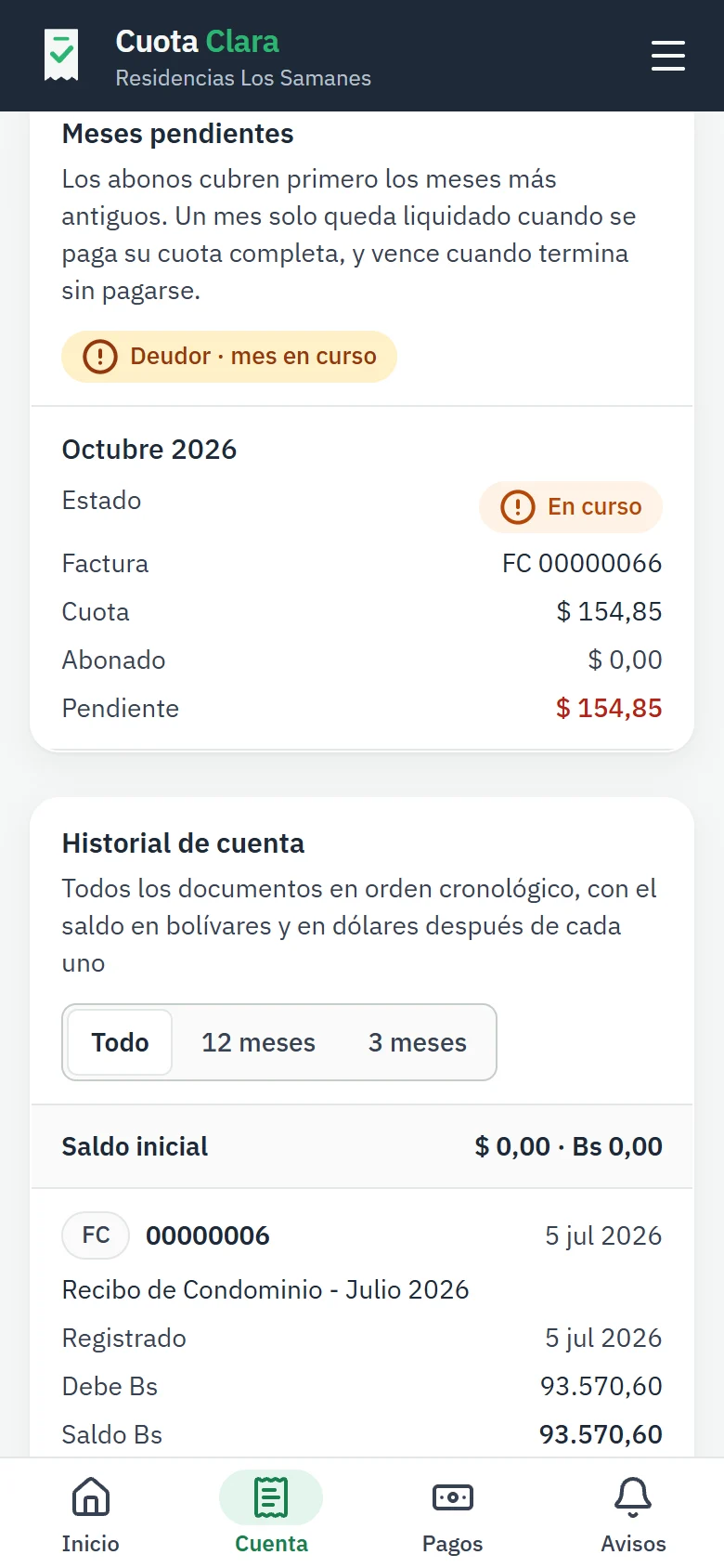 Meses pendientes e historial