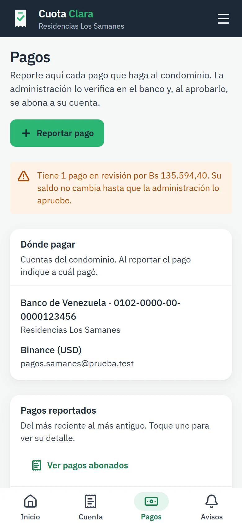 1 Reportar pago · 2 pago en revisión · 3 cuentas del condominio