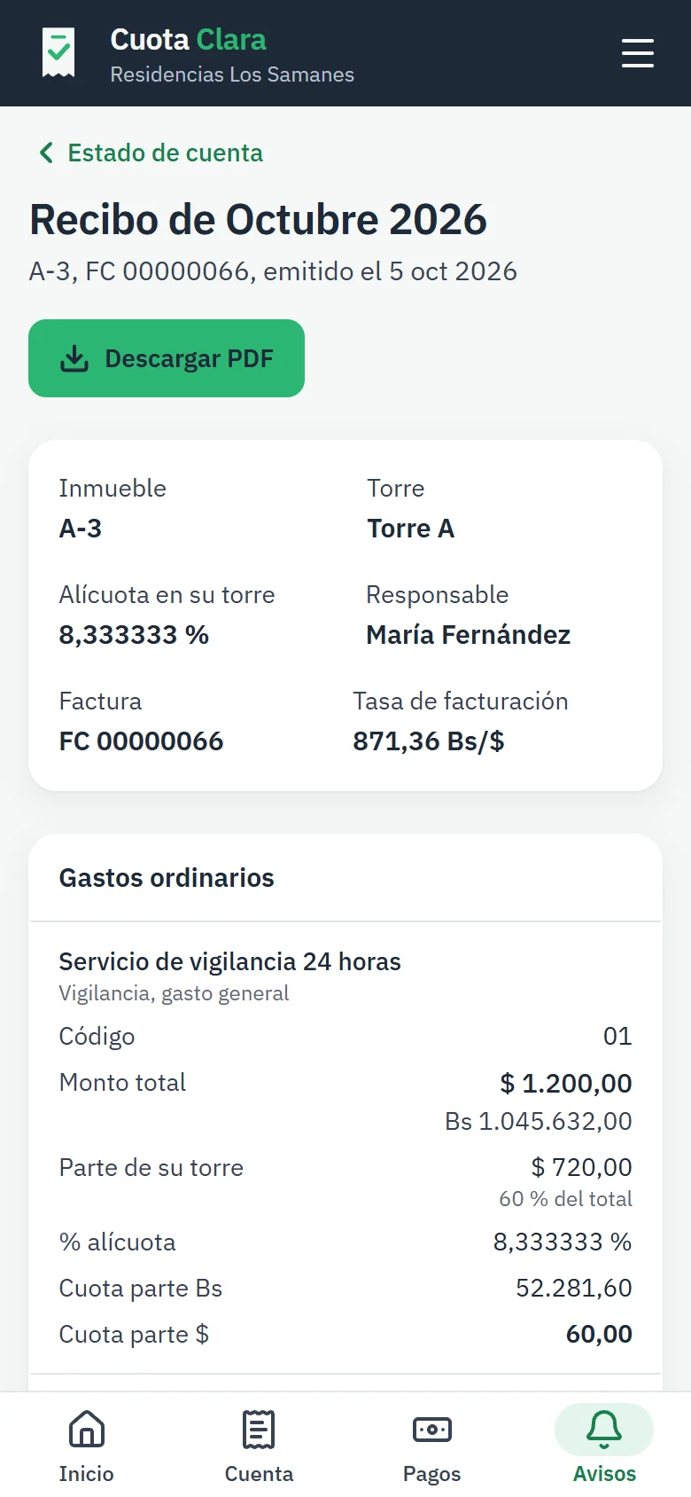 El recibo, gasto por gasto