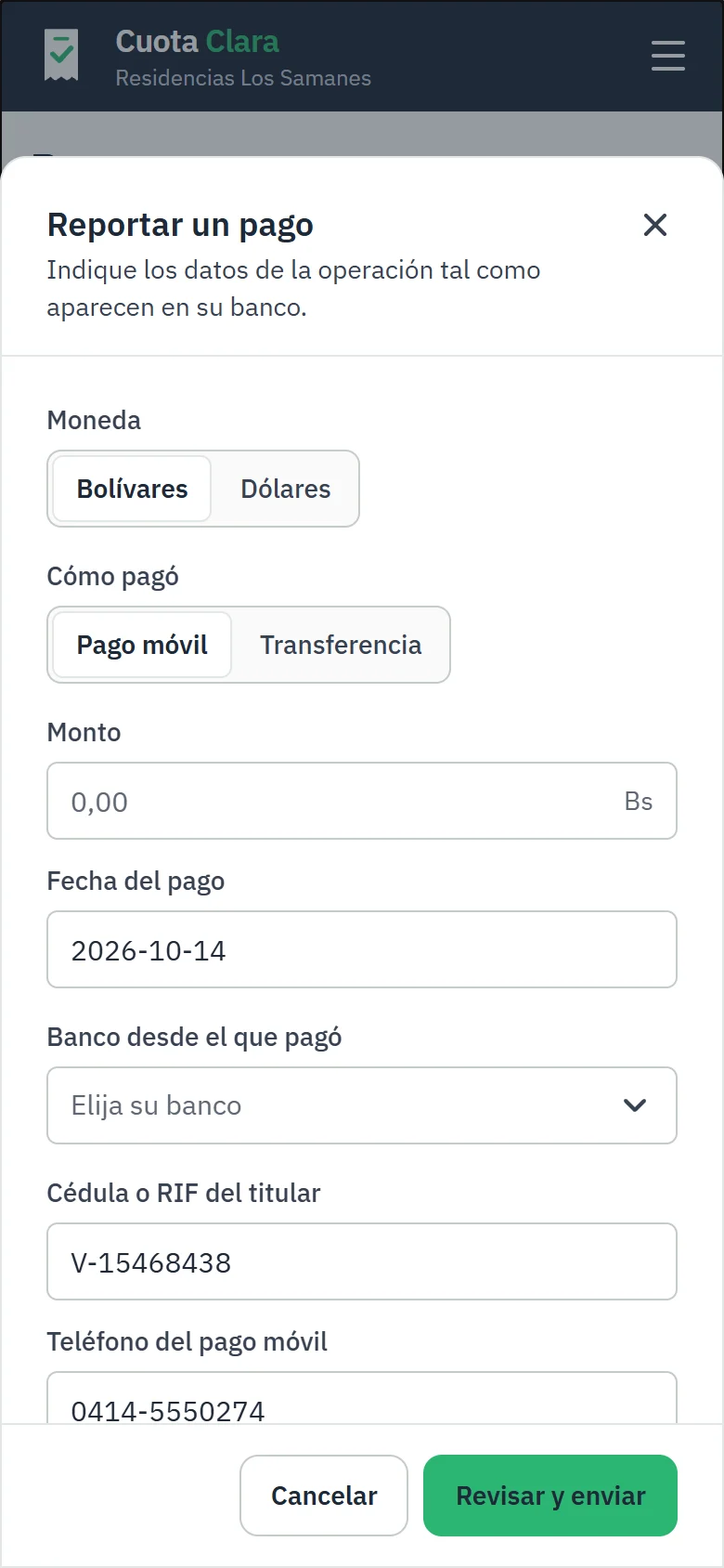 El formulario para reportar un pago